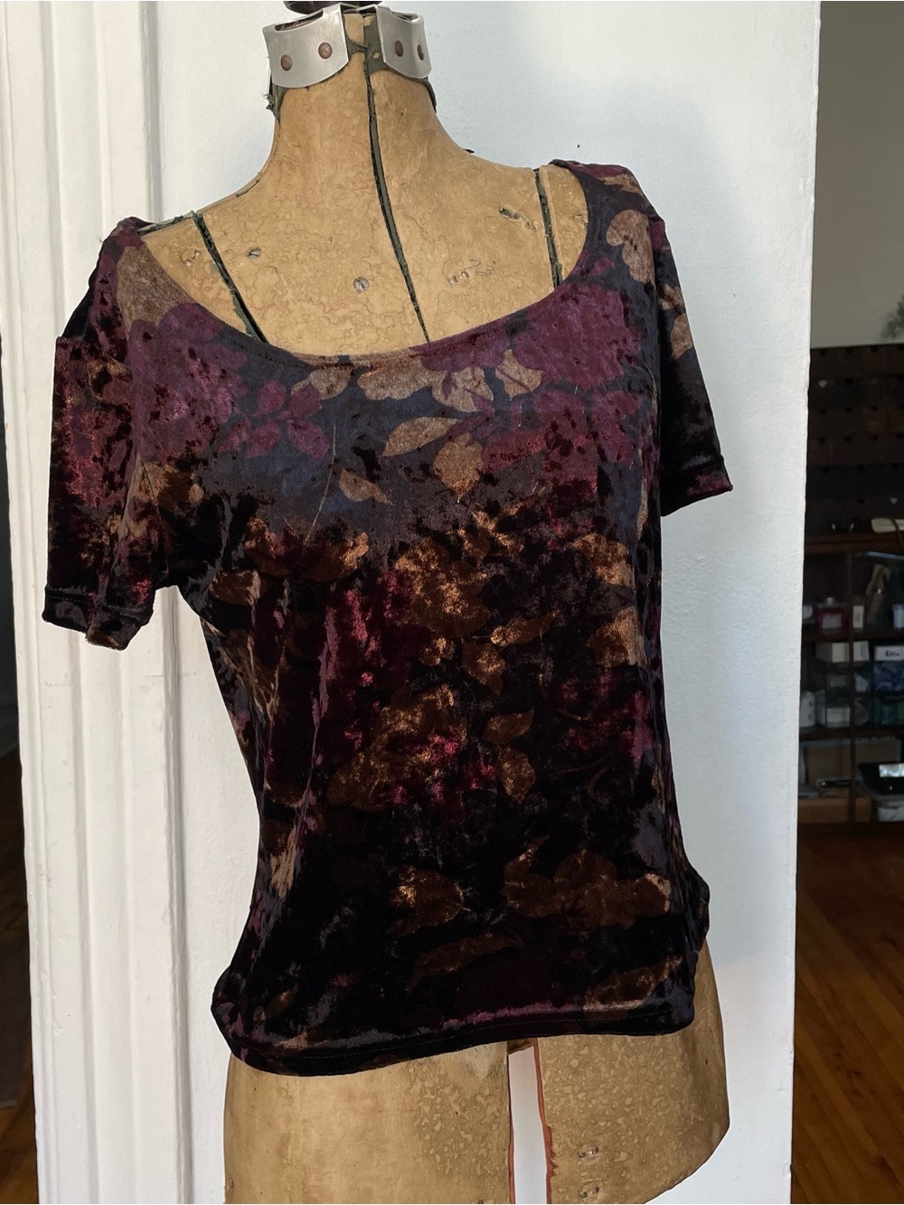 Vintage Jacob Velvet Floral Short-Sleeve Top in Multi-Color